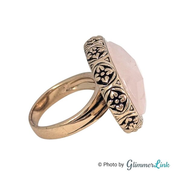 Barse Rose Quartz Gemstone Oval Floral Chunky Gold Tone Ring Size 10 - Picture 2 of 13